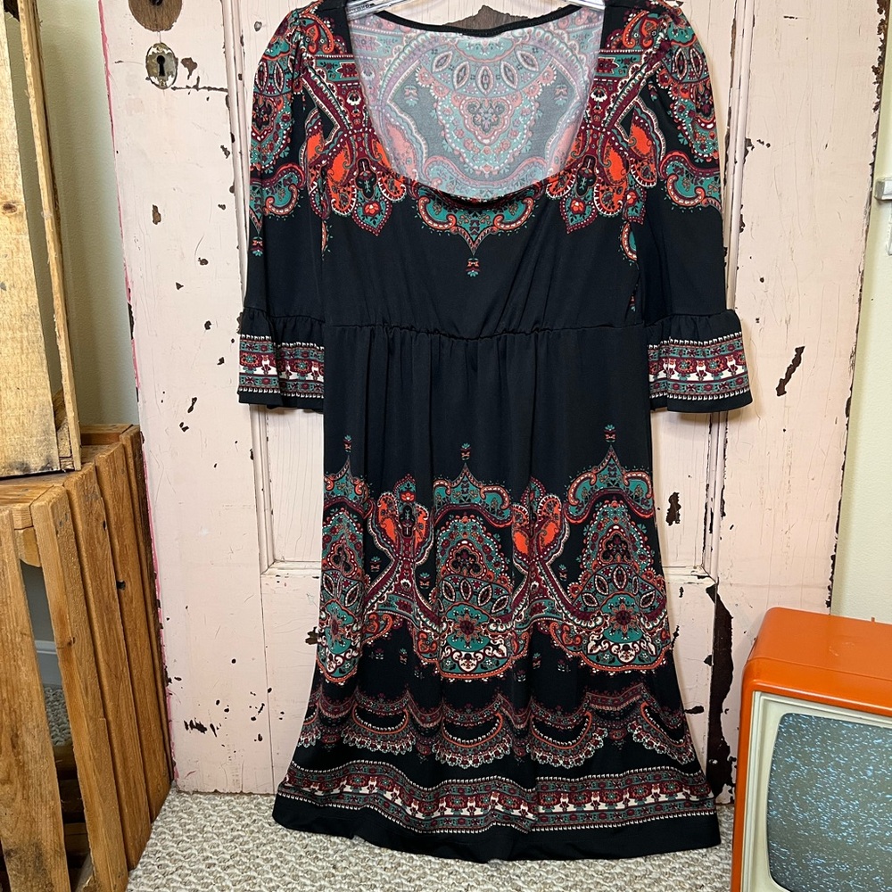 Bohemian Fairy Black & Red Paisley Dress Bell Sleeve Knee Length